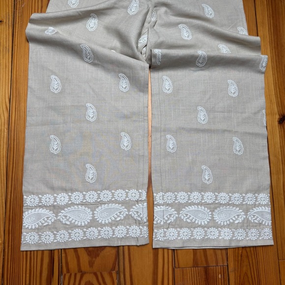 NWT Elie Tahari Linen Pants Womens Size 8 Tan Embroidered Paisley Boho Wide Leg - Picture 7 of 7